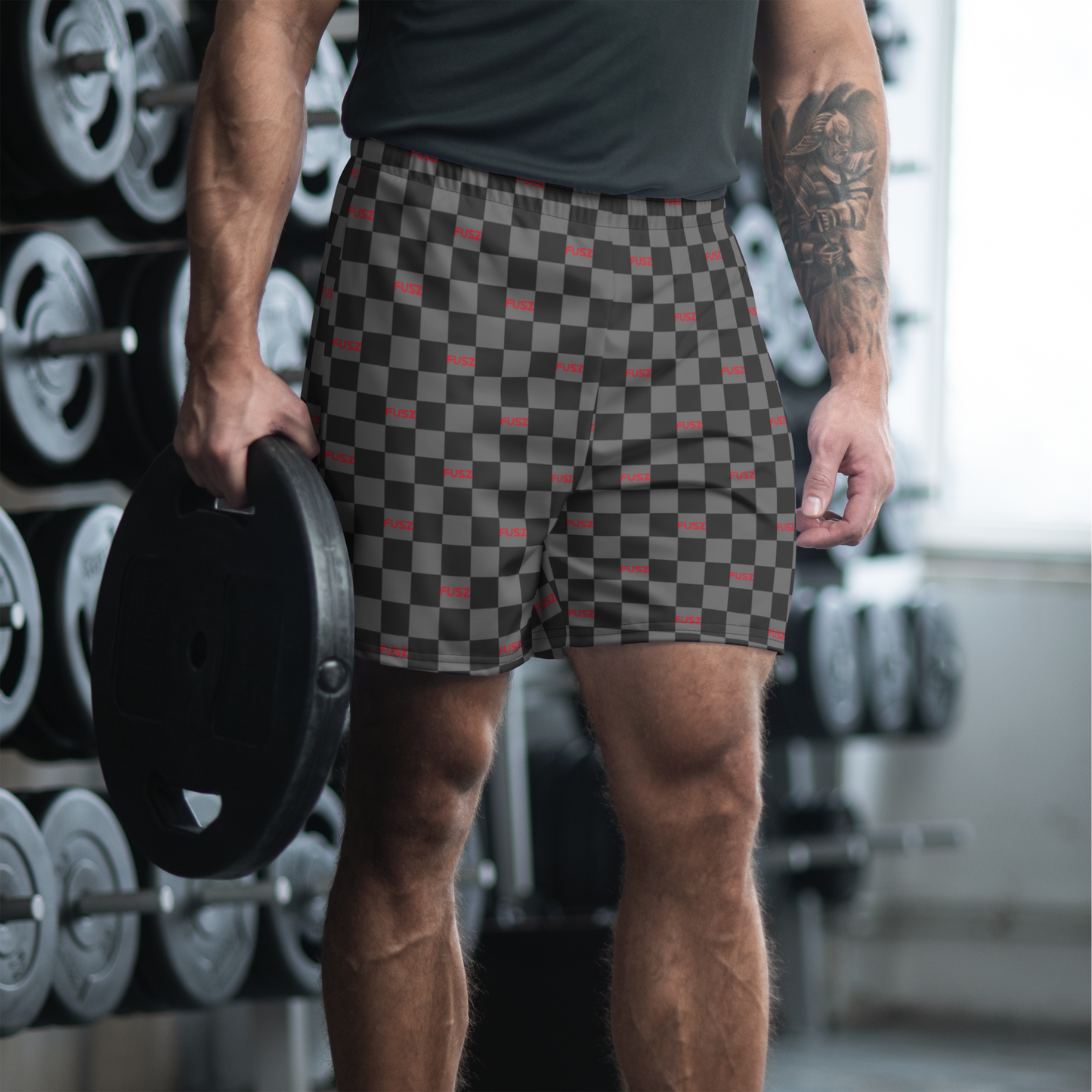 Men's Athletic Shorts - Checkered Fusz Gray and Red